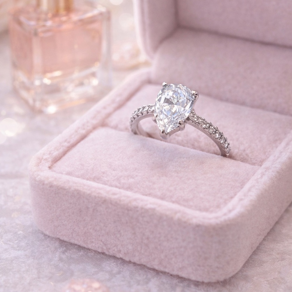 Pear Cut Sparkle Size 7.5 Elegant Silver Colored Women's Ring EU 15